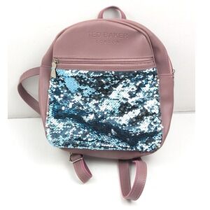 Ted Baker London Mini Backpack Pink Faux Leather Blue‎ Sequin Pocket Adjustable